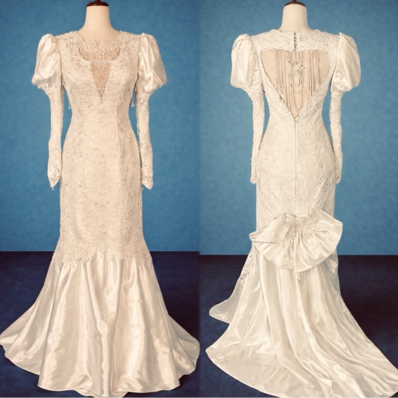 Vintage Dresses & Skirts - Vintage Beaded puff sleeve wedding gown with train, true size 6.